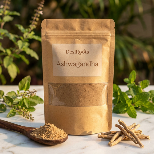 DesiRoots Ashwagandha root powder in a kraft pouch, 200 g