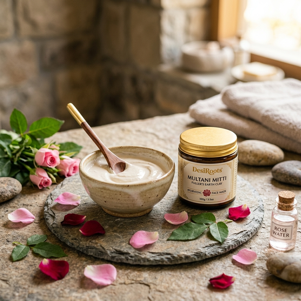 Multani Mitti clay mixed with rose water into a smooth face mask paste