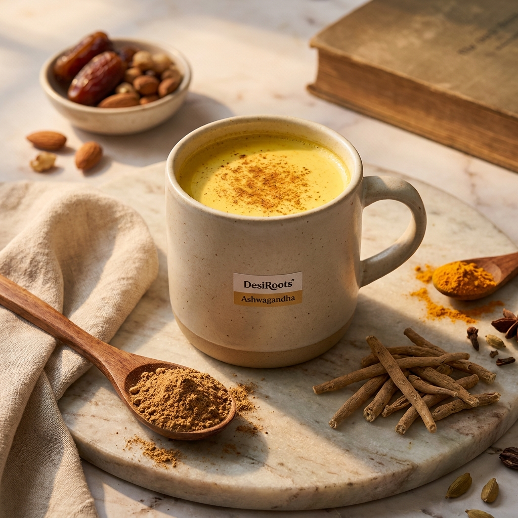 Ashwagandha powder being stirred into a cup of warm milk