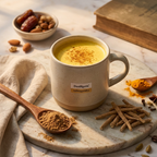 Ashwagandha powder being stirred into a cup of warm milk