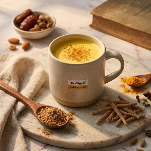 Ashwagandha powder being stirred into a cup of warm milk